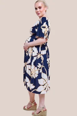 Maternity Leaf Print Flutter Sleeve Midi Dress - Navy by Goddiva