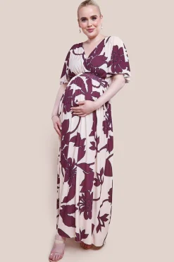 Maternity Leaf Print Flutter Sleeve Maxi Dress - Cream by Goddiva