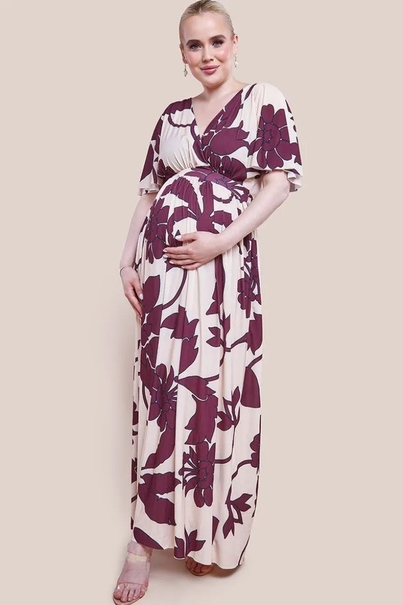 Maternity Leaf Print Flutter Sleeve Maxi Dress - Cream by Goddiva
