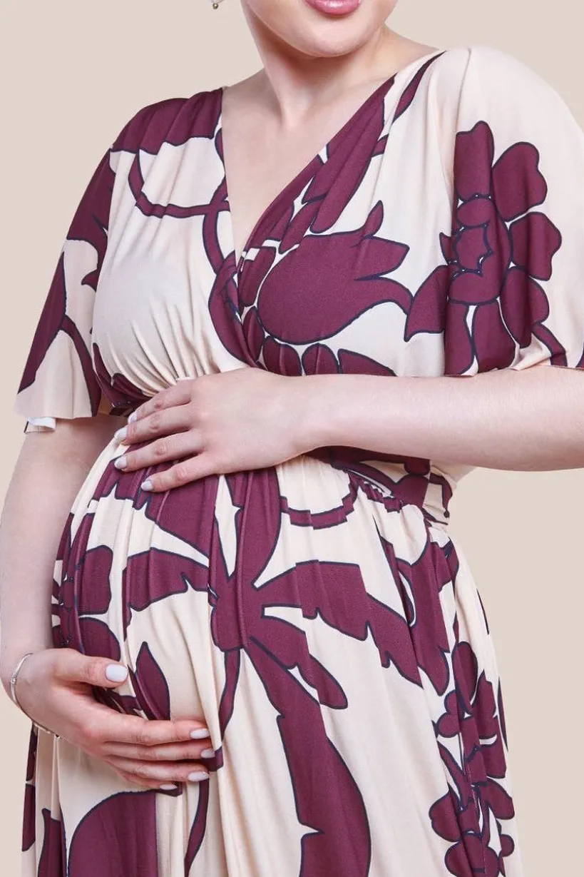 Maternity Leaf Print Flutter Sleeve Maxi Dress - Cream by Goddiva