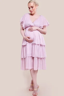 Maternity Plain Lurex Chiffon Tiered Midi Dress - Pink by Goddiva