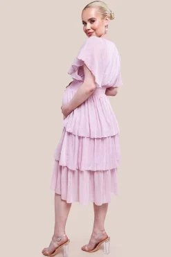 Maternity Plain Lurex Chiffon Tiered Midi Dress - Pink by Goddiva