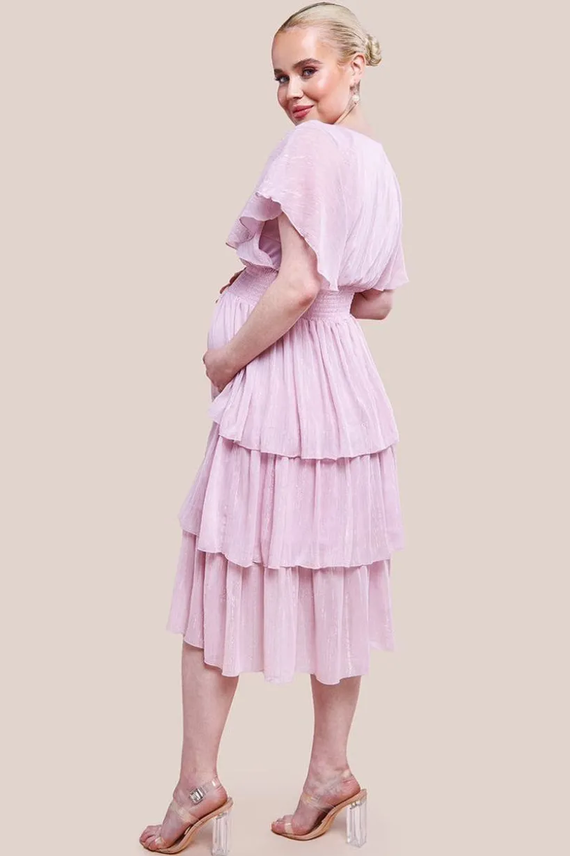 Maternity Plain Lurex Chiffon Tiered Midi Dress - Pink by Goddiva