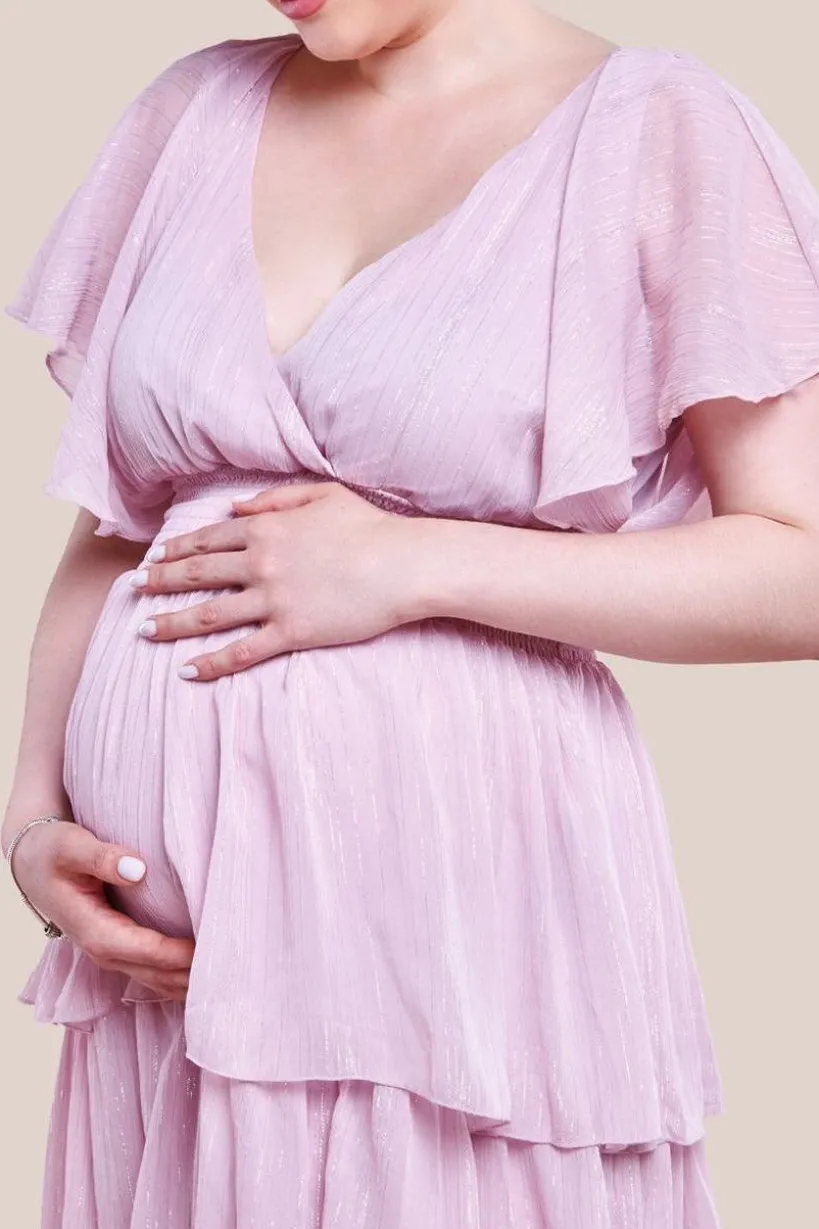 Maternity Plain Lurex Chiffon Tiered Midi Dress - Pink by Goddiva