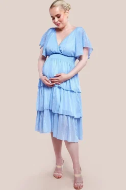 Maternity Plain Lurex Chiffon Tiered Midi Dress - Light Blue by Goddiva
