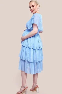 Maternity Plain Lurex Chiffon Tiered Midi Dress - Light Blue by Goddiva