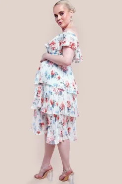 Maternity Pleated Bodice Chiffon Tiered Midi Dress - Cream by Goddiva