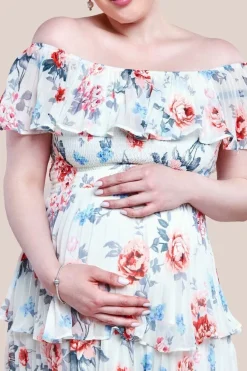 Maternity Pleated Bodice Chiffon Tiered Midi Dress - Cream by Goddiva