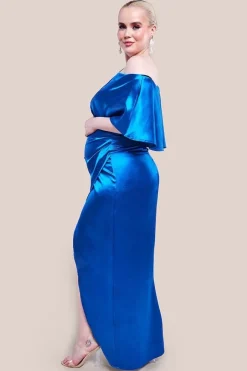 Maternity Satin Drape Shoulder Wrap Maxi Dress - Royal Blue by Goddiva