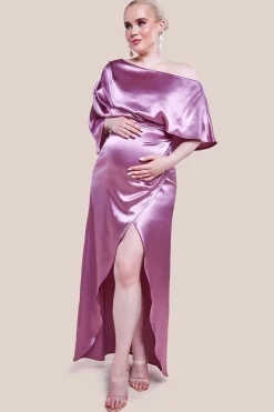 Maternity Satin Drape Shoulder Wrap Maxi Dress - Blush by Goddiva