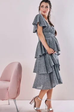 Maternity Sequin Lurex Tiered Midi Silver by Goddiva