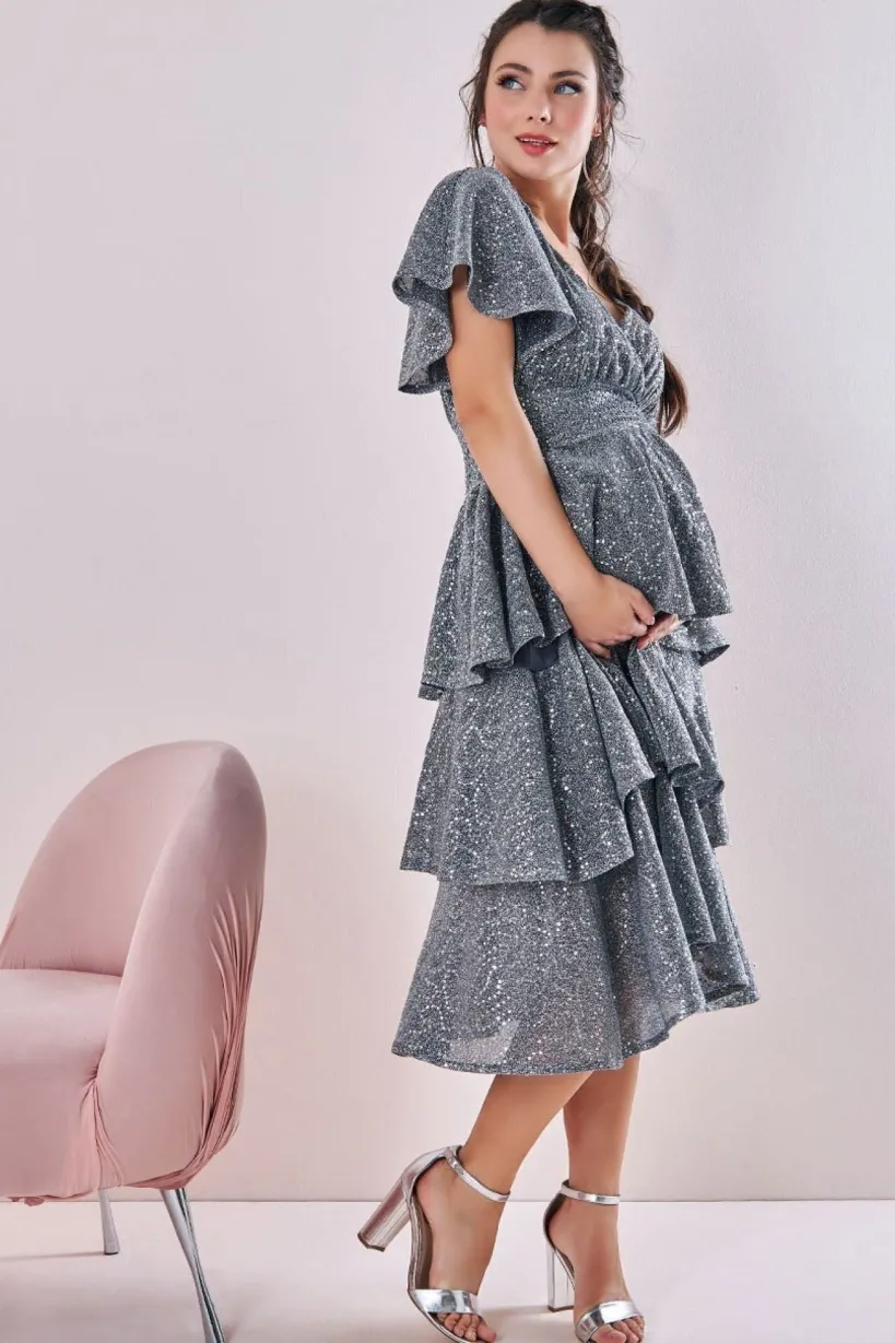 Maternity Sequin Lurex Tiered Midi Silver by Goddiva