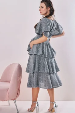 Maternity Sequin Lurex Tiered Midi Silver by Goddiva