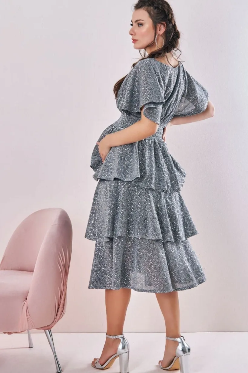 Maternity Sequin Lurex Tiered Midi Silver by Goddiva