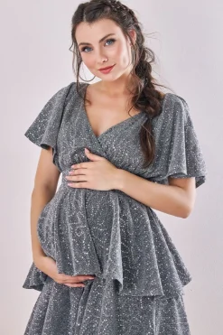 Maternity Sequin Lurex Tiered Midi Silver by Goddiva