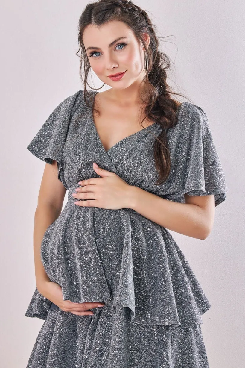 Maternity Sequin Lurex Tiered Midi Silver by Goddiva