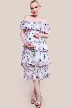 Maternity Shirred Chiffon Floral Bardot Midi Dress - Multi by Goddiva