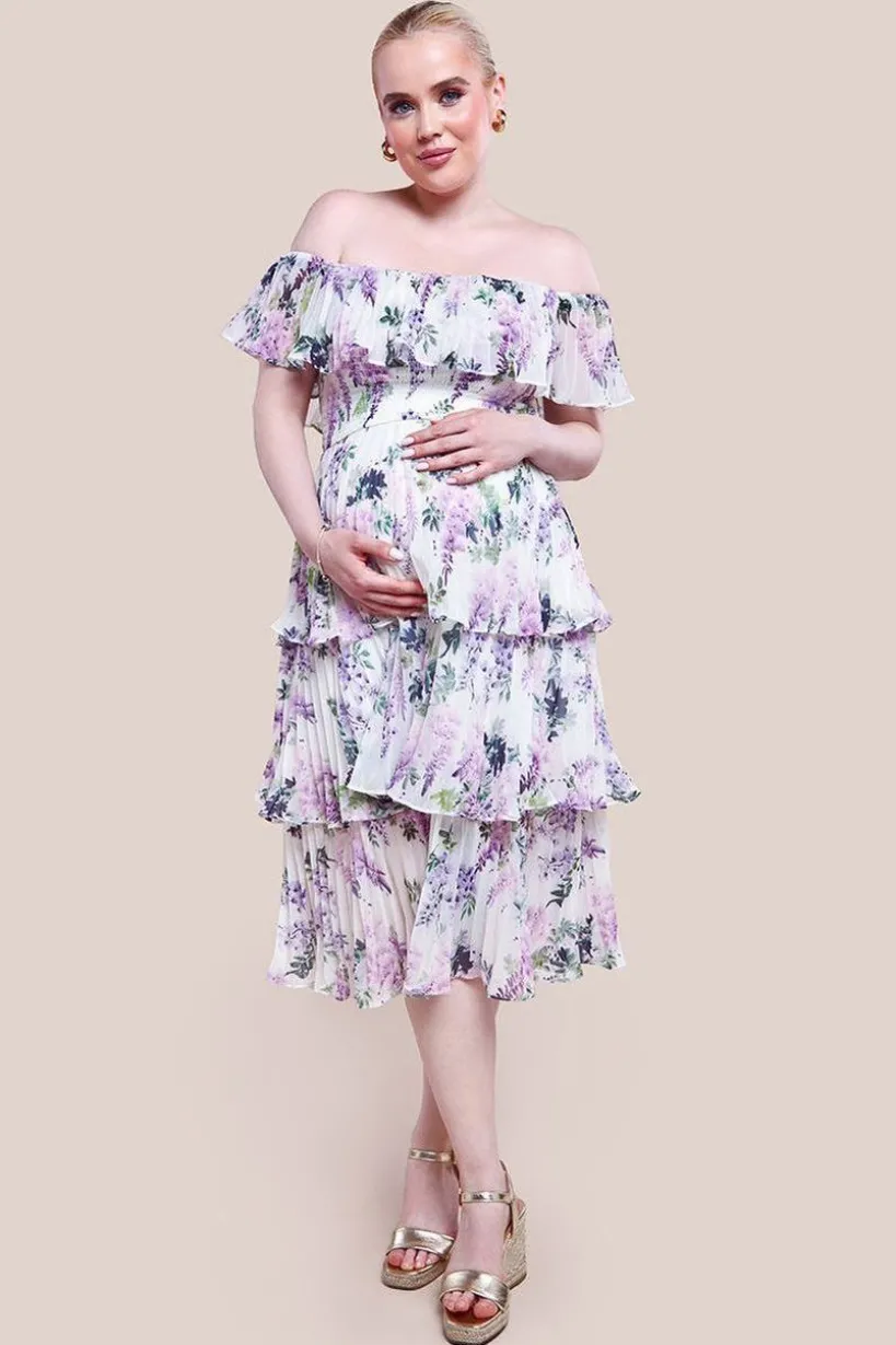Maternity Shirred Chiffon Floral Bardot Midi Dress - Multi by Goddiva