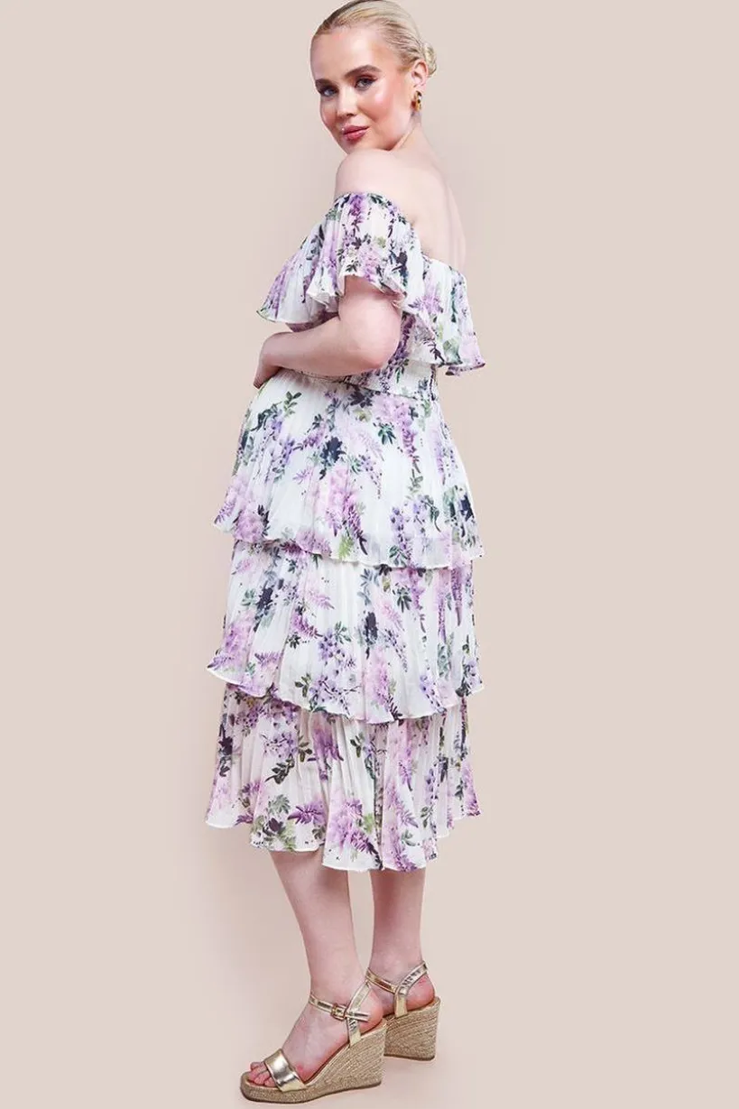 Maternity Shirred Chiffon Floral Bardot Midi Dress - Multi by Goddiva