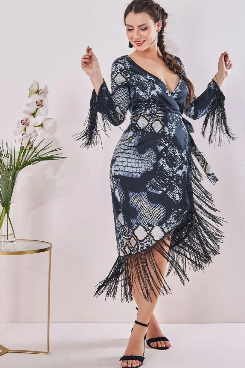 Maternity Tassel Foil Print Wrap Midi Black by Goddiva