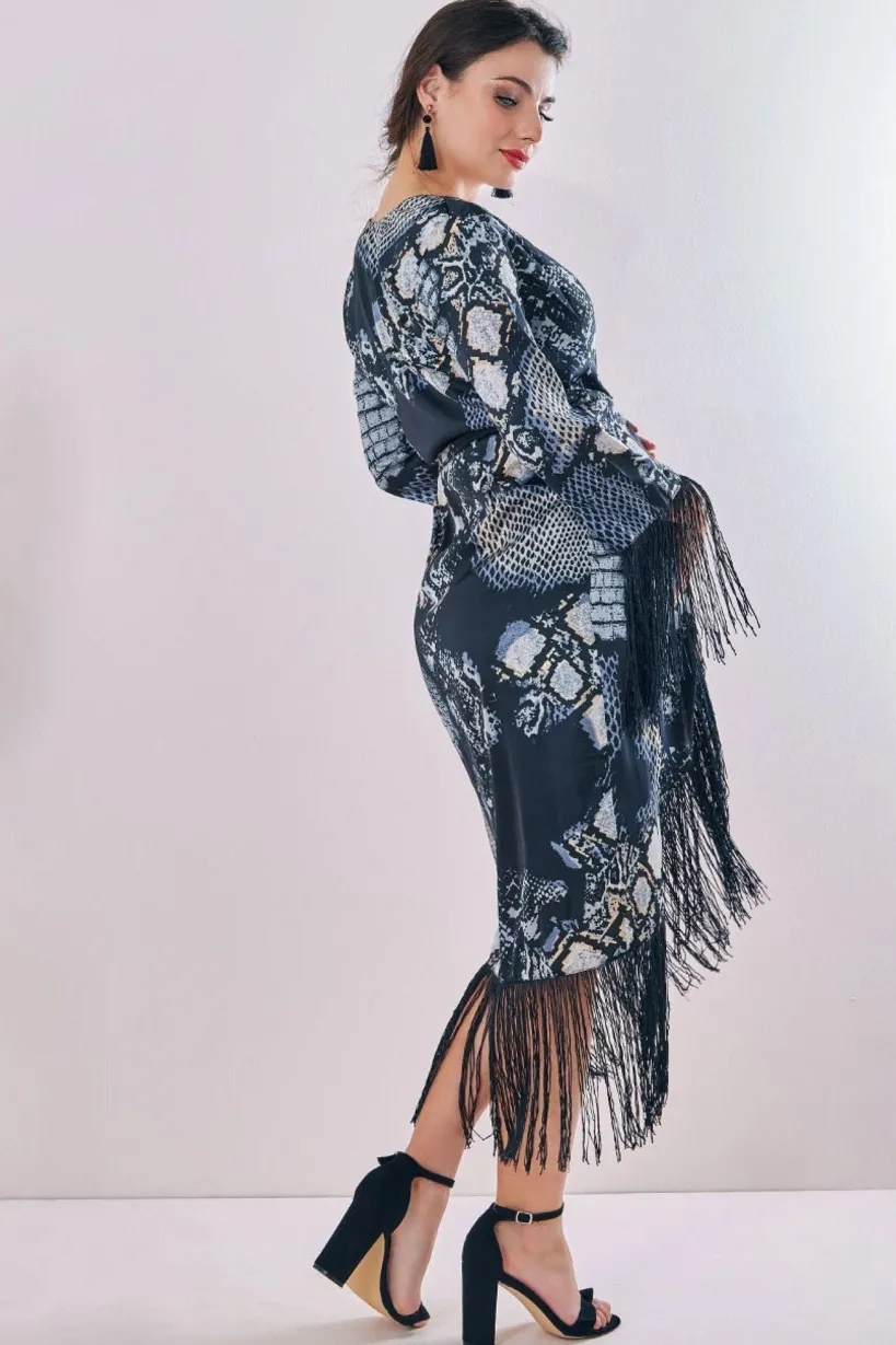 Maternity Tassel Foil Print Wrap Midi Black by Goddiva