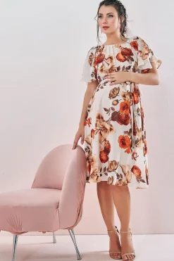 Maternity Wrap Back Flutter Sleeve Midi Beige by Goddiva