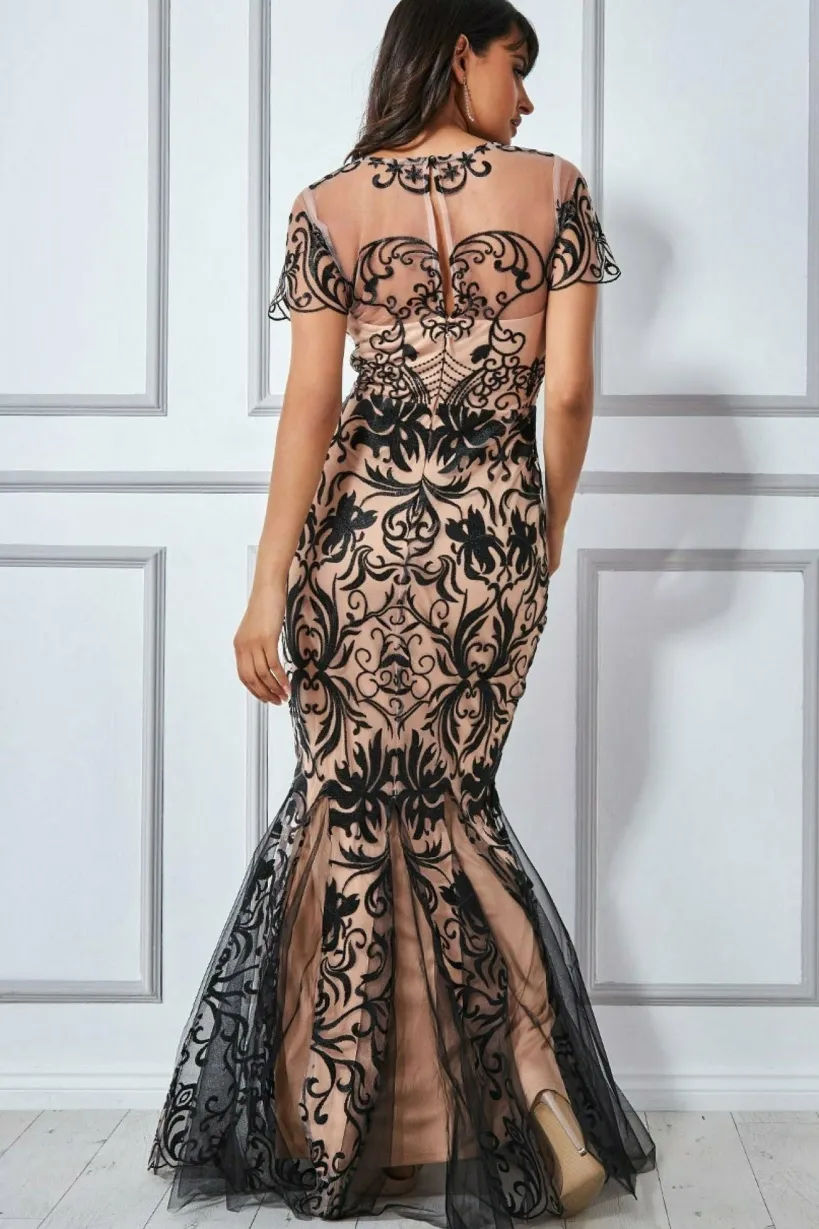 Mesh & Lace Maxi With Scalloped Hem - Black by Goddiva