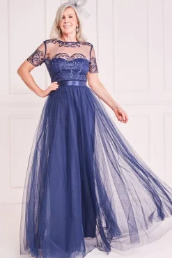 Mesh Embroidered Maxi Dress - Navy by Goddiva