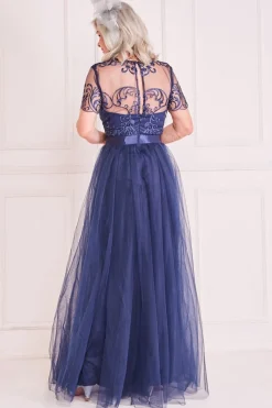 Mesh Embroidered Maxi Dress - Navy by Goddiva