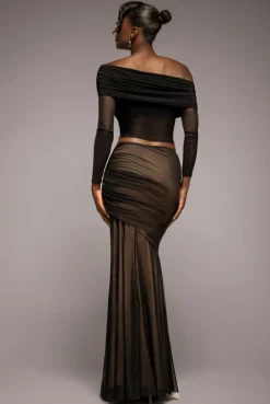 Mesh Gathered Mermaid Maxi Skirt - Black by Goddiva