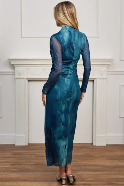 Mesh Long Sleeve Bodycon Midi Dress In Teal Watercolour by Angeleye