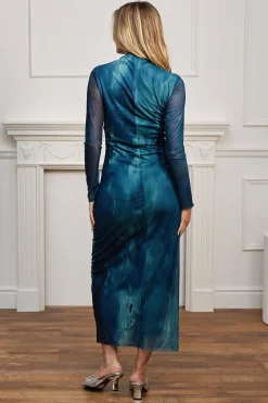 Mesh Long Sleeve Bodycon Midi Dress In Teal Watercolour by Angeleye