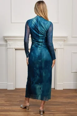 Mesh Long Sleeve Bodycon Midi Dress In Teal Watercolour by Angeleye