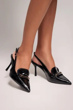 Metal Accent Pointed Patent Slingback Shoes - Black by Goddiva