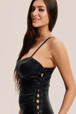 Metallic Foil Black Lycra Eyelet Dress by Liquorish
