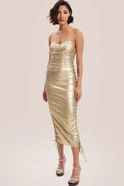 Metallic Foil Gold Lycra Eyelet Dress by Liquorish