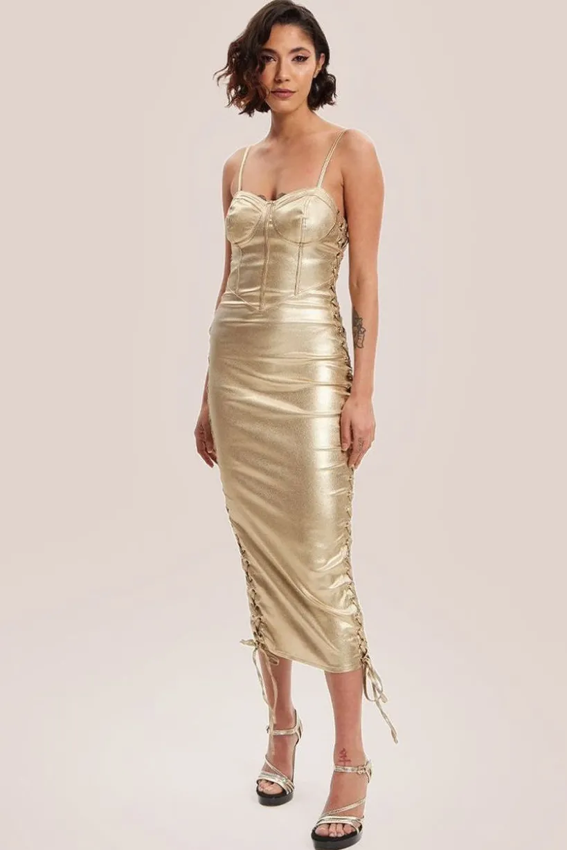 Metallic Foil Gold Lycra Eyelet Dress by Liquorish