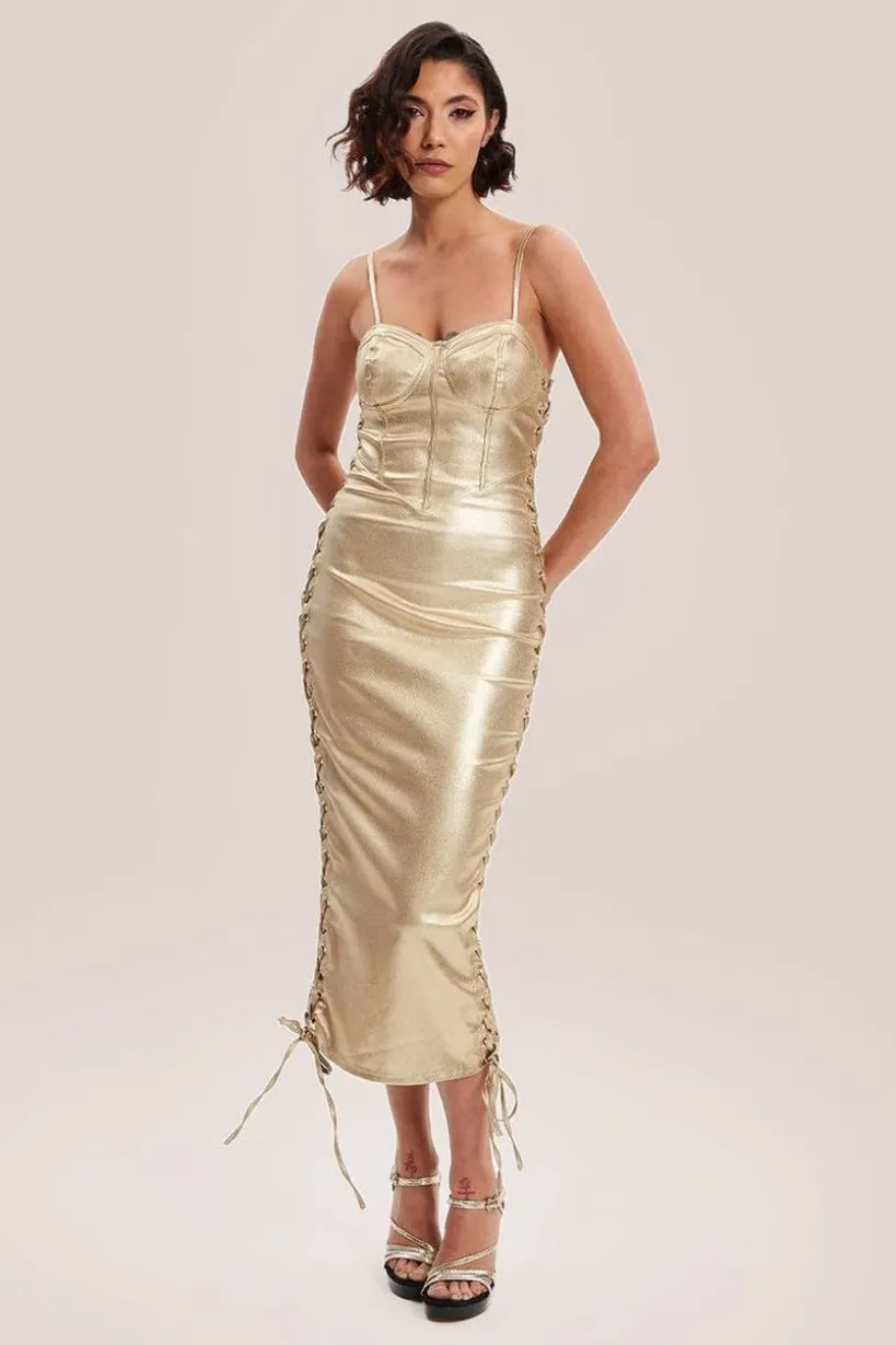 Metallic Foil Gold Lycra Eyelet Dress by Liquorish