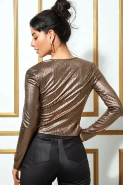 Metallic String Long Sleeve Top - Blackgold by Goddiva