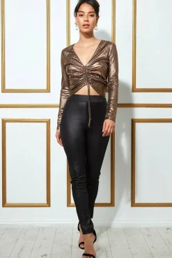 Metallic String Long Sleeve Top - Blackgold by Goddiva