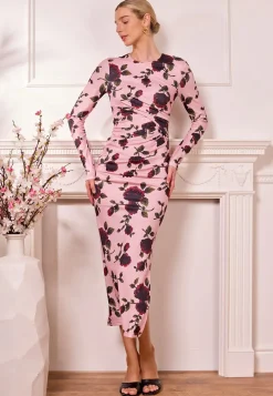 Midi Bodycon Dress In Pink Floral by Angeleye