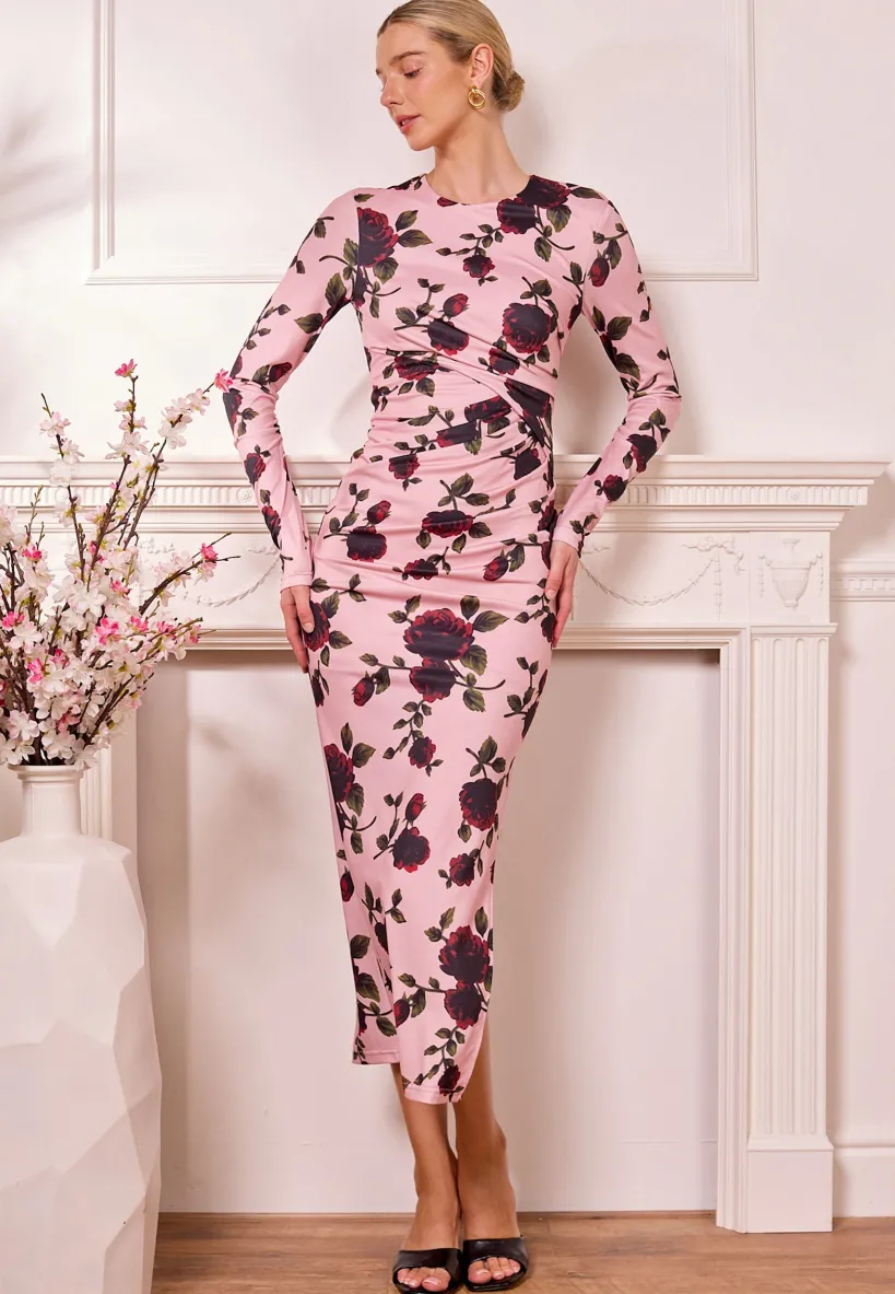 Midi Bodycon Dress In Pink Floral by Angeleye