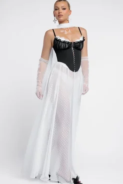 Milk Maid Corset Polka Dobby Chiffon A-Line Maxi Skirt With Scarf & Gloves - Black & Cream by Goddiva