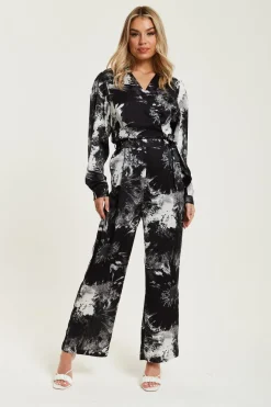 Mono Abstract Print Jumpsuit With Long Sleeves by Liquorish
