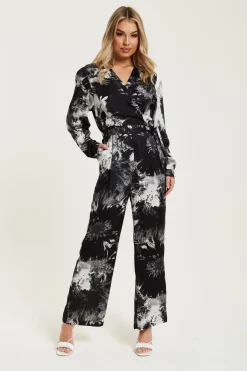Mono Abstract Print Jumpsuit With Long Sleeves by Liquorish