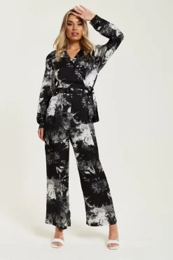 Mono Abstract Print Jumpsuit With Long Sleeves by Liquorish