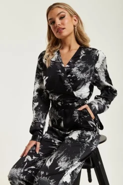 Mono Abstract Print Jumpsuit With Long Sleeves by Liquorish