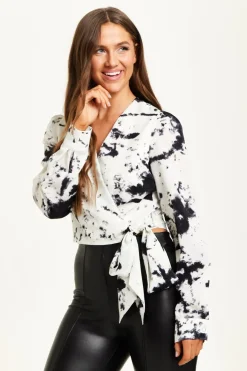 Mono Abstract Print Wrap Top With Long Sleeves by Liquorish