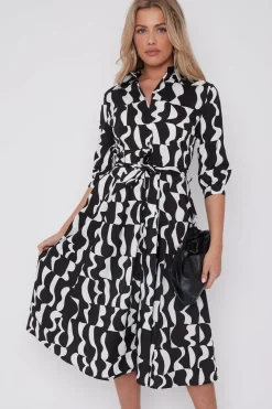 Mono Geometric Print Half Sleeve Midi Shirt Dress by LOVE SUNSHINE