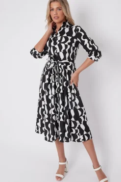 Mono Geometric Print Half Sleeve Midi Shirt Dress by LOVE SUNSHINE